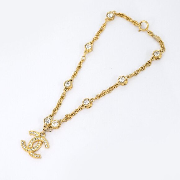 CHANEL CC Logo Rhinestone Necklace 16" Gold Tone Auth - Picture 1 of 6